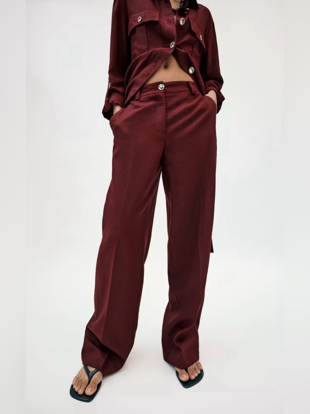 ZARA NWT Burgundy Linen Blend High-Waist Tailored Wide Leg Trousers